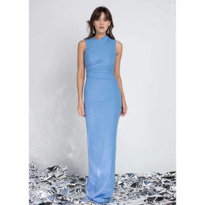 Rachel Gilbert Blue Atlas Ruched Crepe Crossback Maxi Long Gown